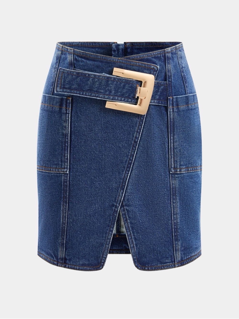 Commense Buckle Detail Asymmetrical Denim Mini Skirt